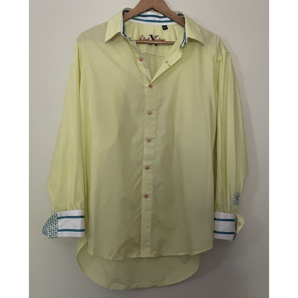 Robert Graham Flip Cuff Button Down Shirt XL Yellow Blue Stripe Pink Buttons